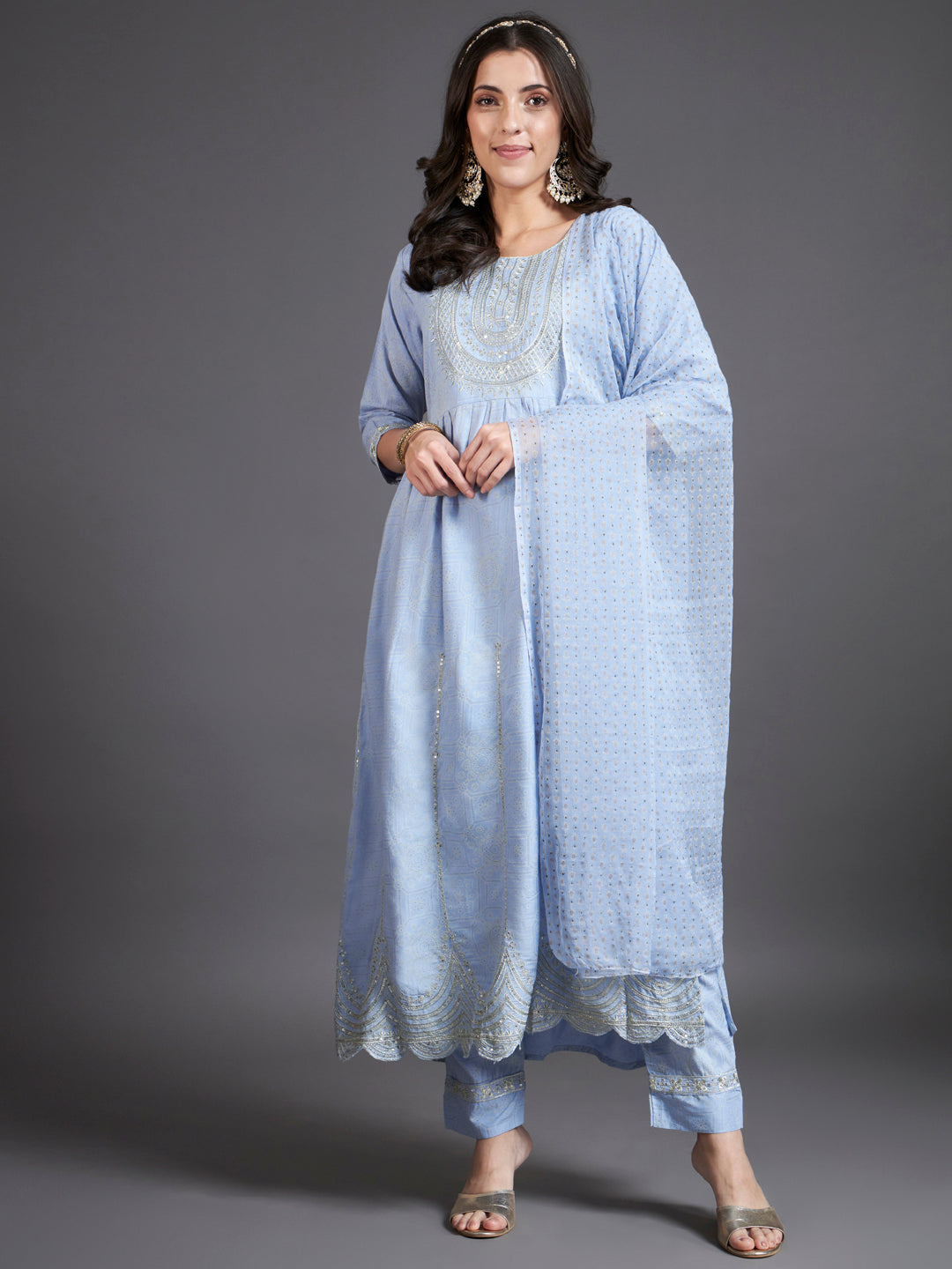 Powder Blue Khari Printed Kurta Set with Dupatta
