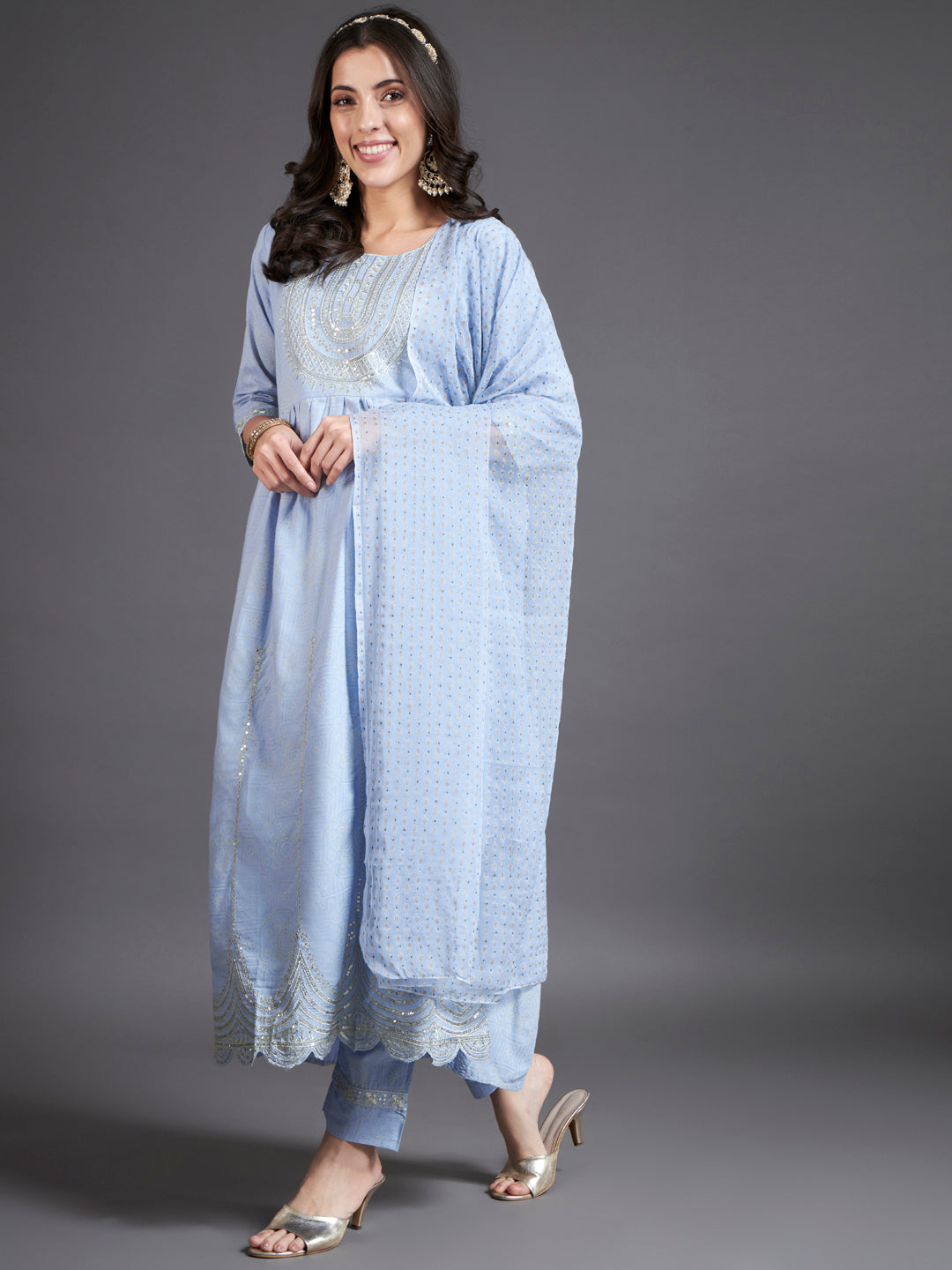 Powder Blue Khari Printed Kurta Set with Dupatta