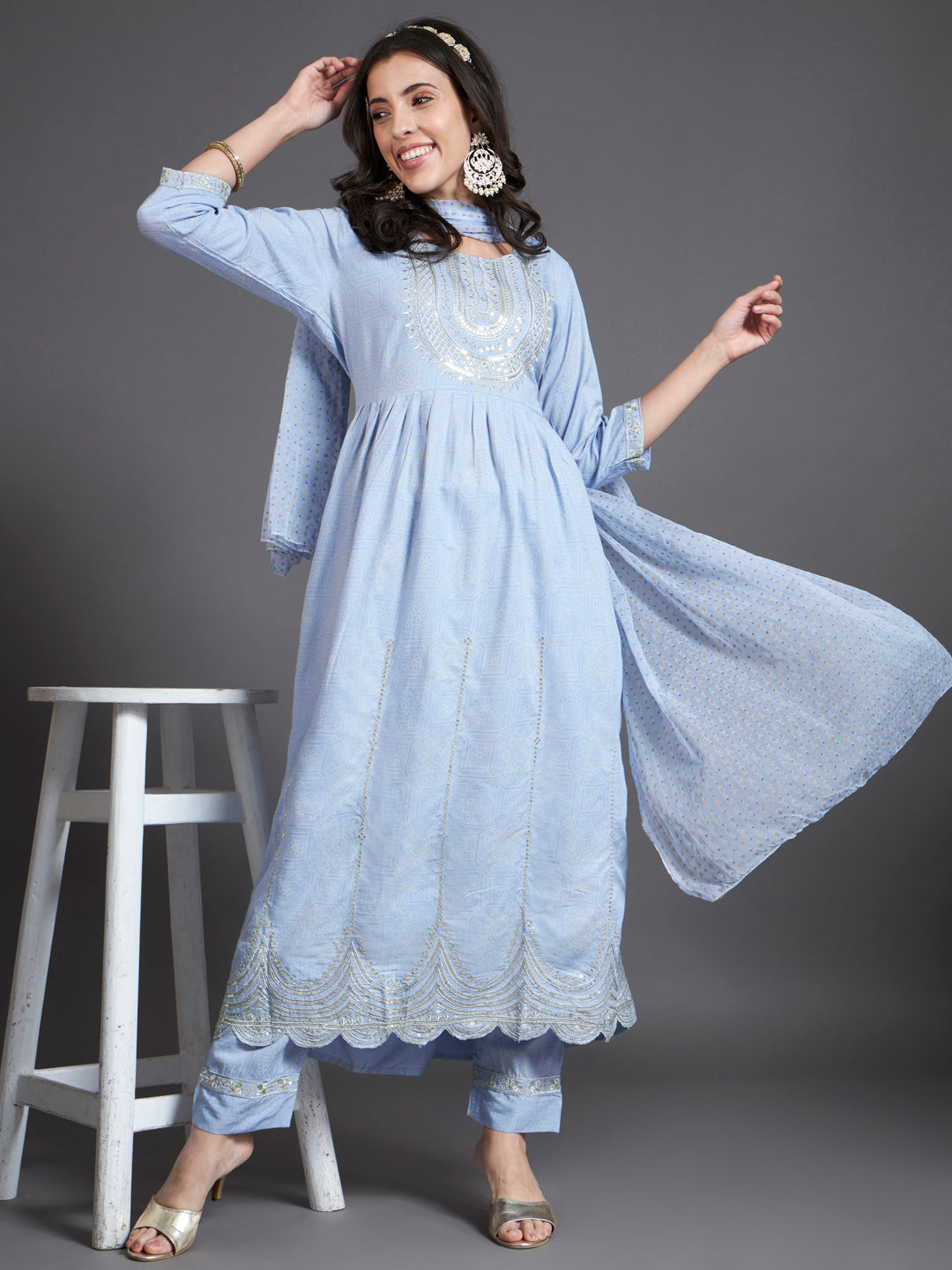 Powder Blue Khari Printed Kurta Set with Dupatta