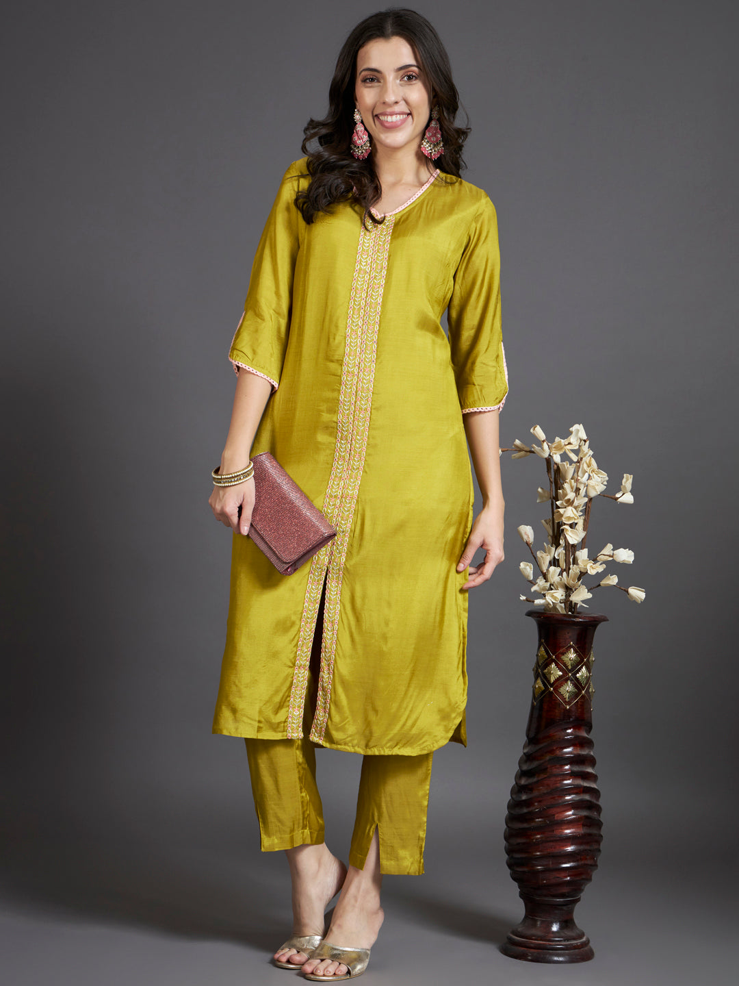 V-Neck Thread Work Detail Straight Kurta Set