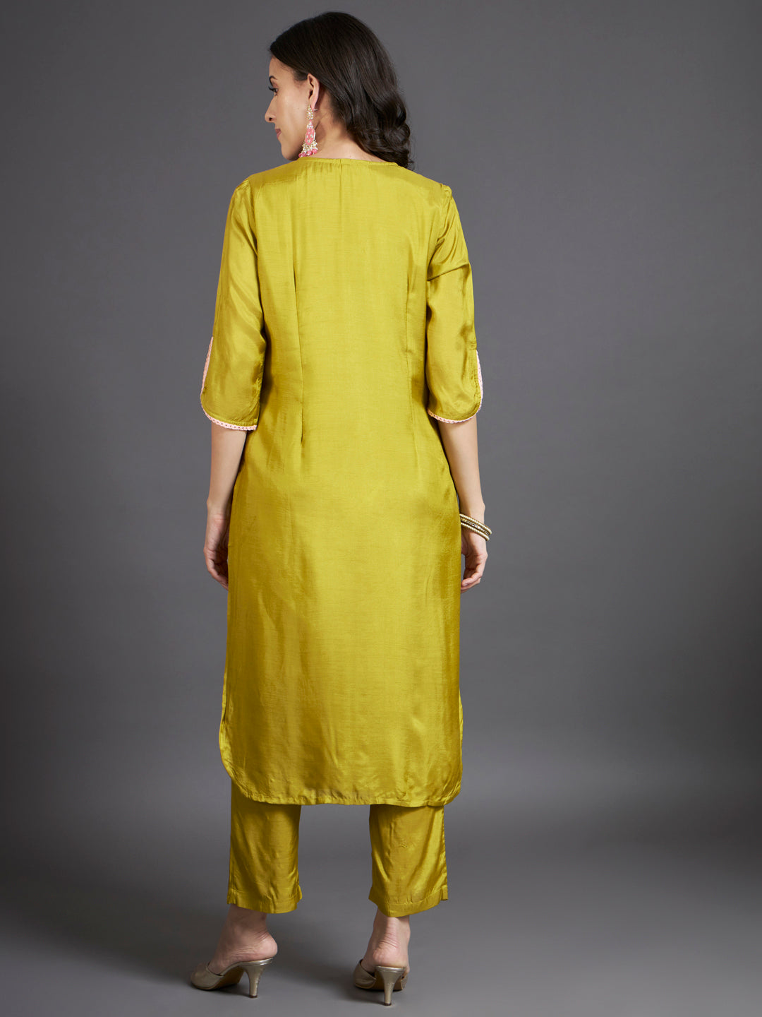 V-Neck Thread Work Detail Straight Kurta Set
