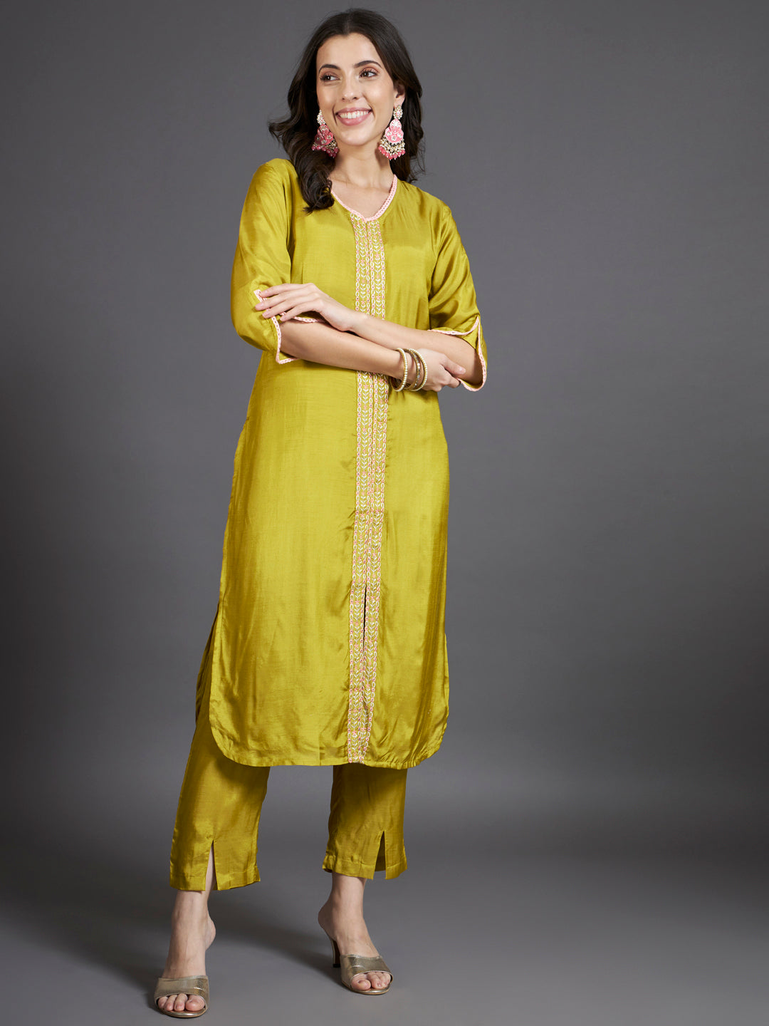 V-Neck Thread Work Detail Straight Kurta Set
