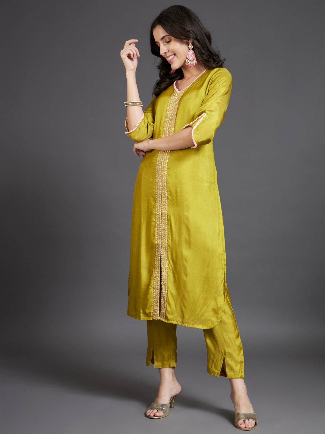 V-Neck Thread Work Detail Straight Kurta Set