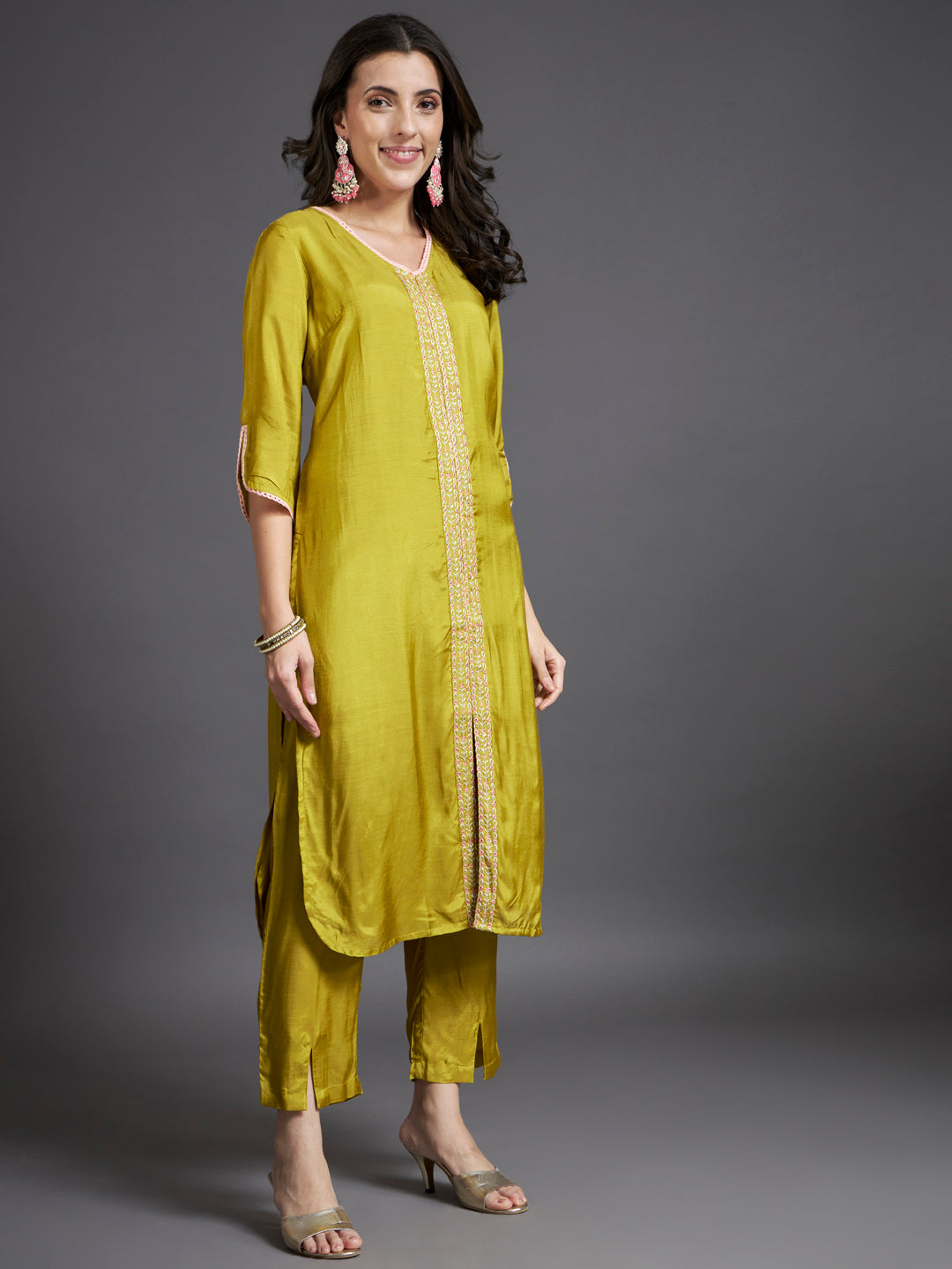 V-Neck Thread Work Detail Straight Kurta Set