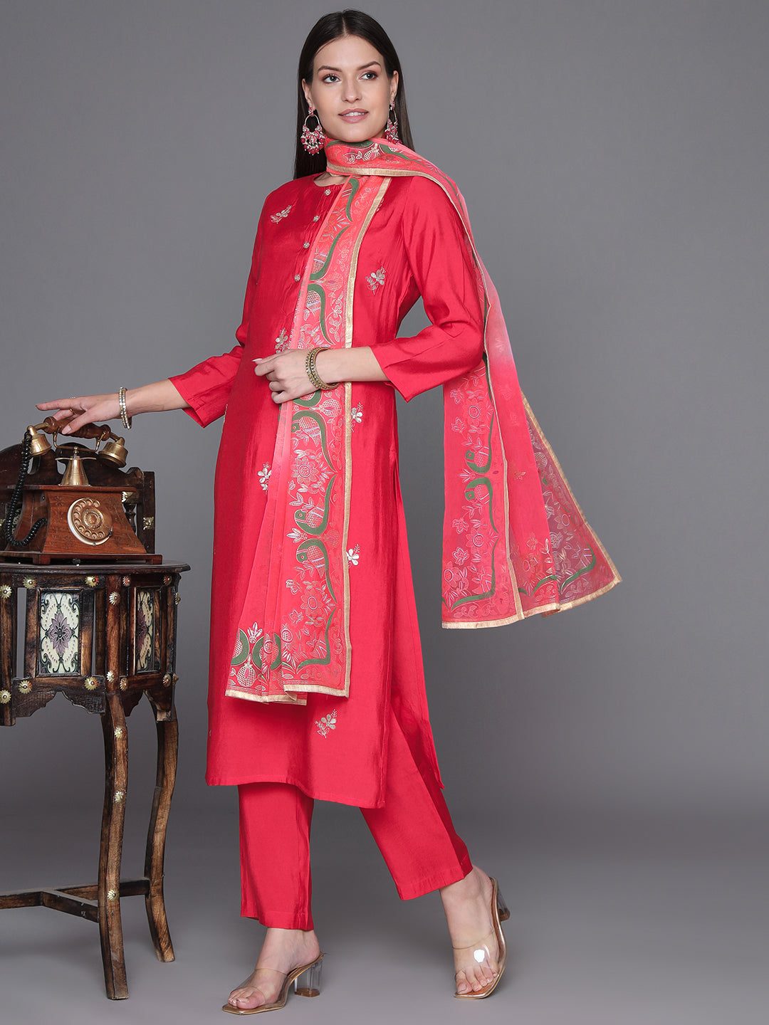 Red Embroidered Silk Kurta Set with Ombre Dupatta