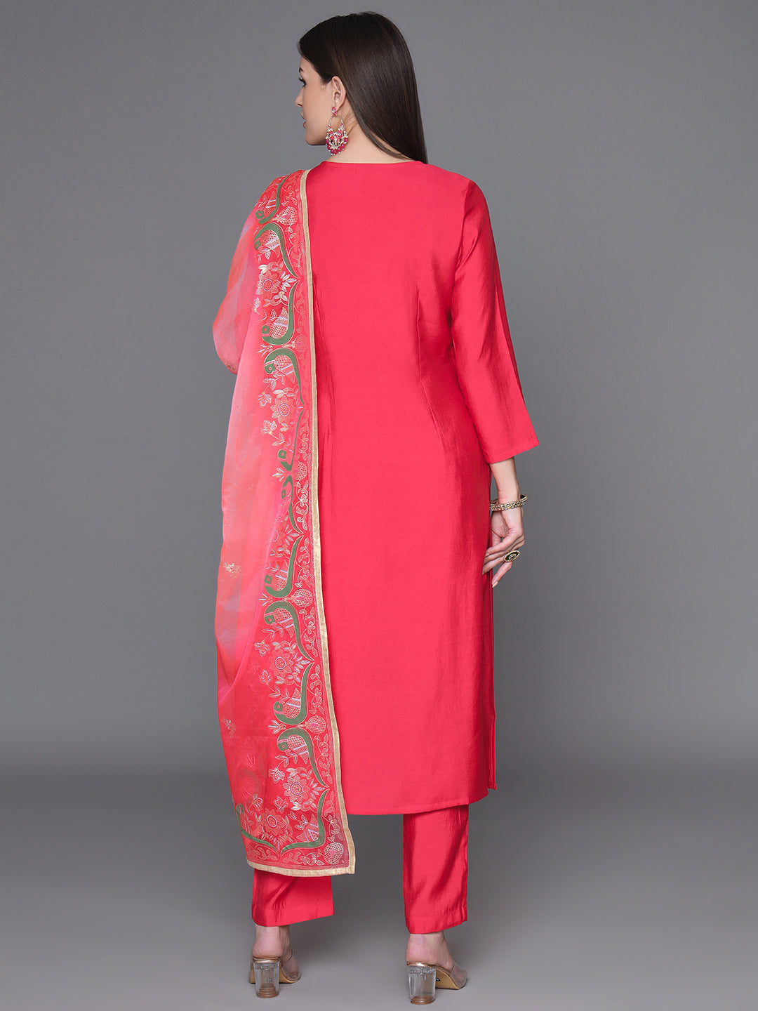 Red Embroidered Silk Kurta Set with Ombre Dupatta