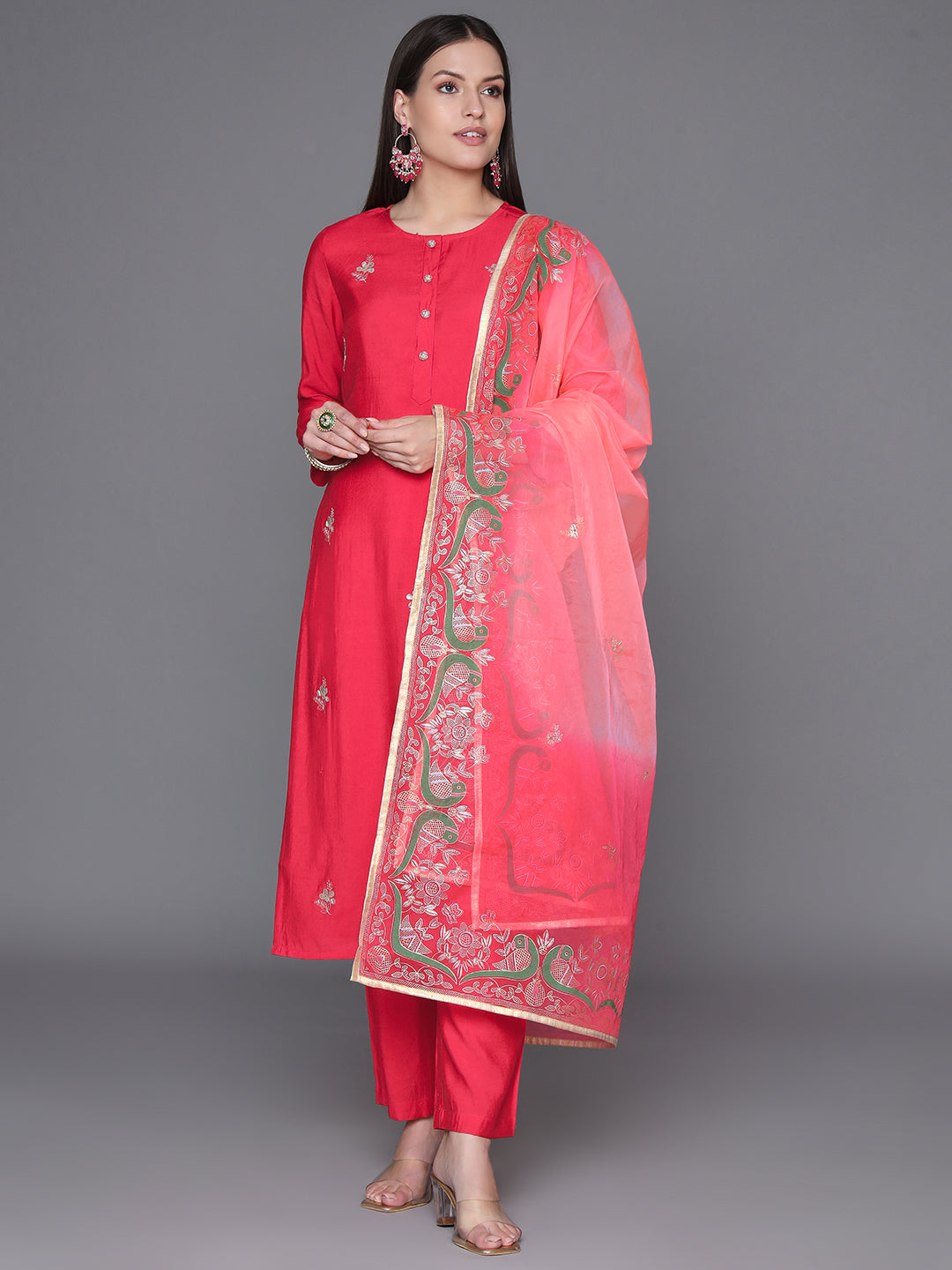 Red Embroidered Silk Kurta Set with Ombre Dupatta