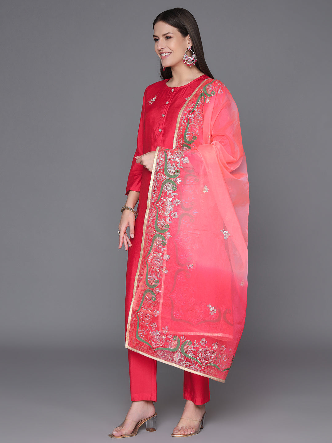 Red Embroidered Silk Kurta Set with Ombre Dupatta