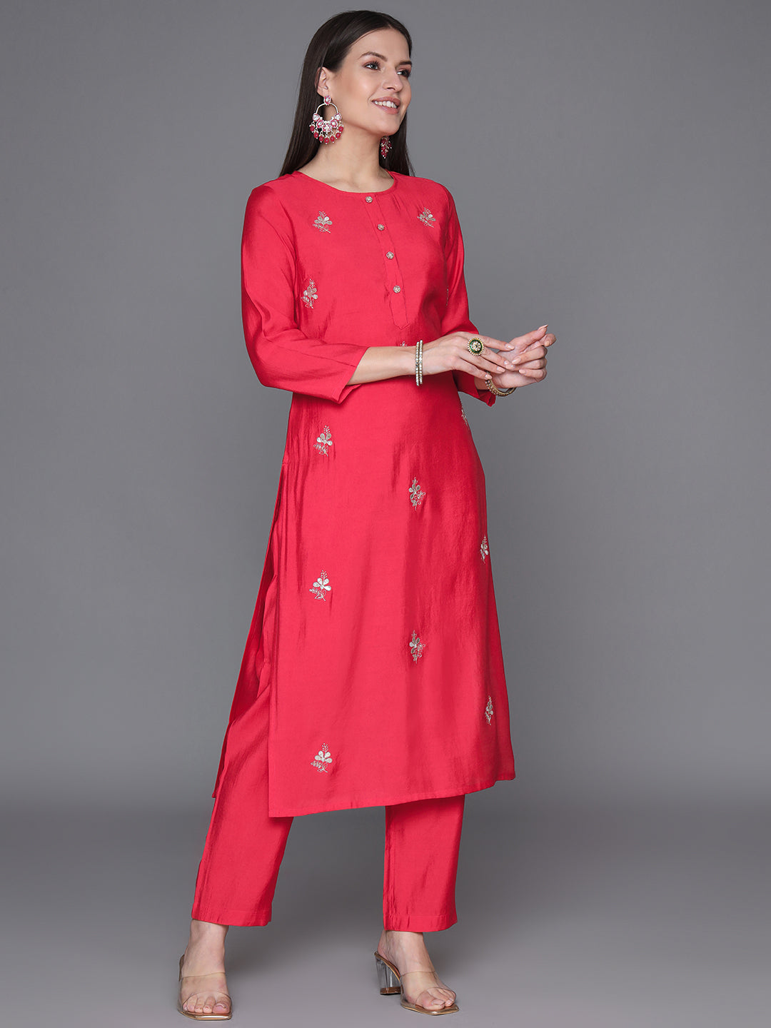 Red Embroidered Silk Kurta Set with Ombre Dupatta