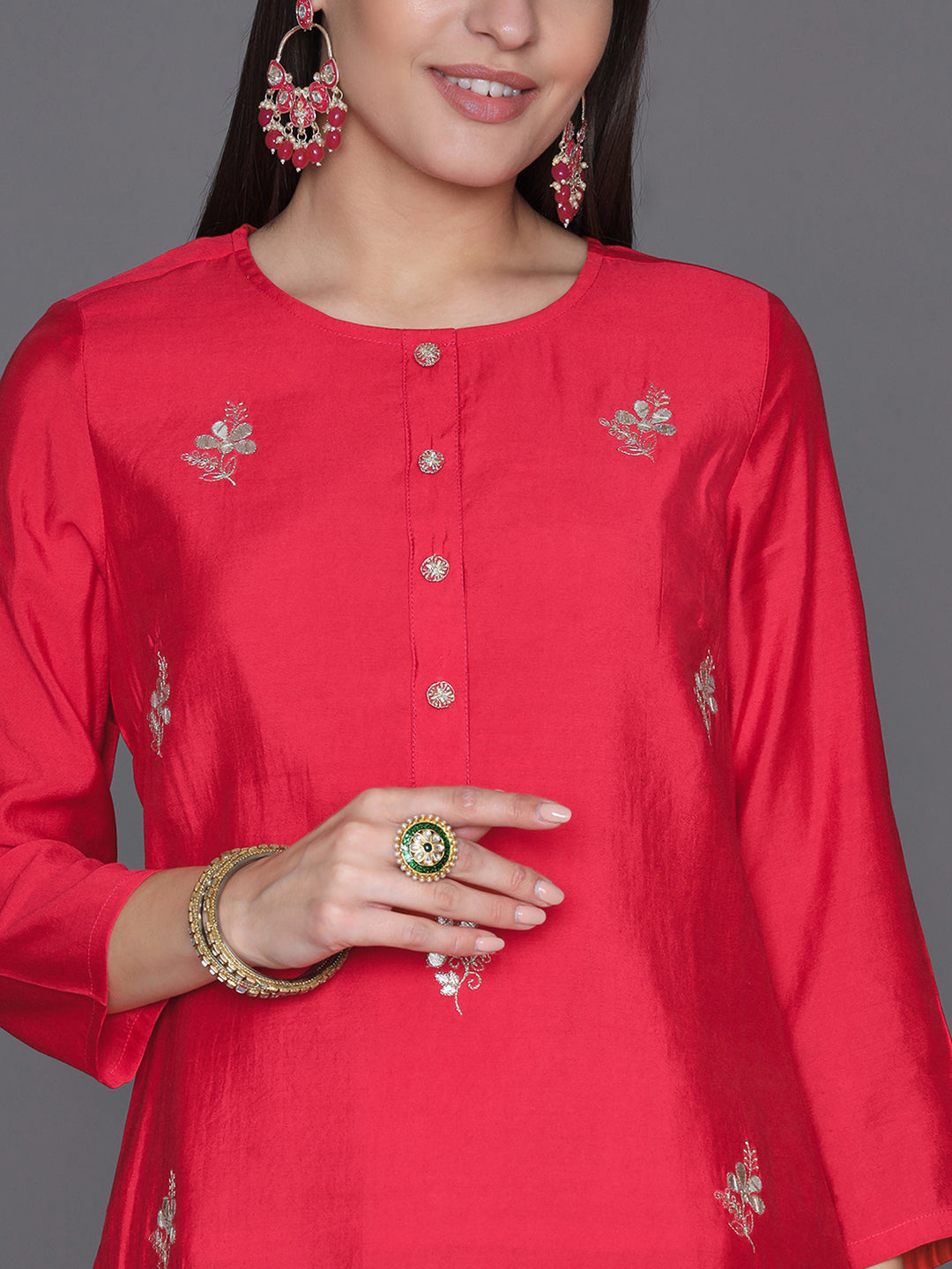 Red Embroidered Silk Kurta Set with Ombre Dupatta