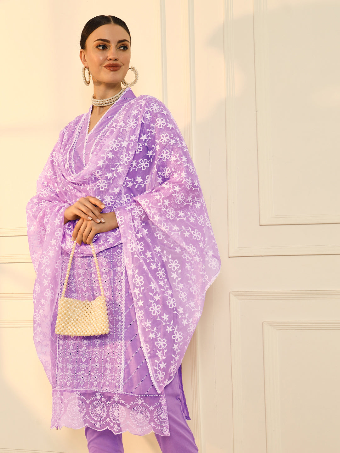 Lilac Schiffli Embroidered Pure Cotton Kurta Set with Organza Dupatta