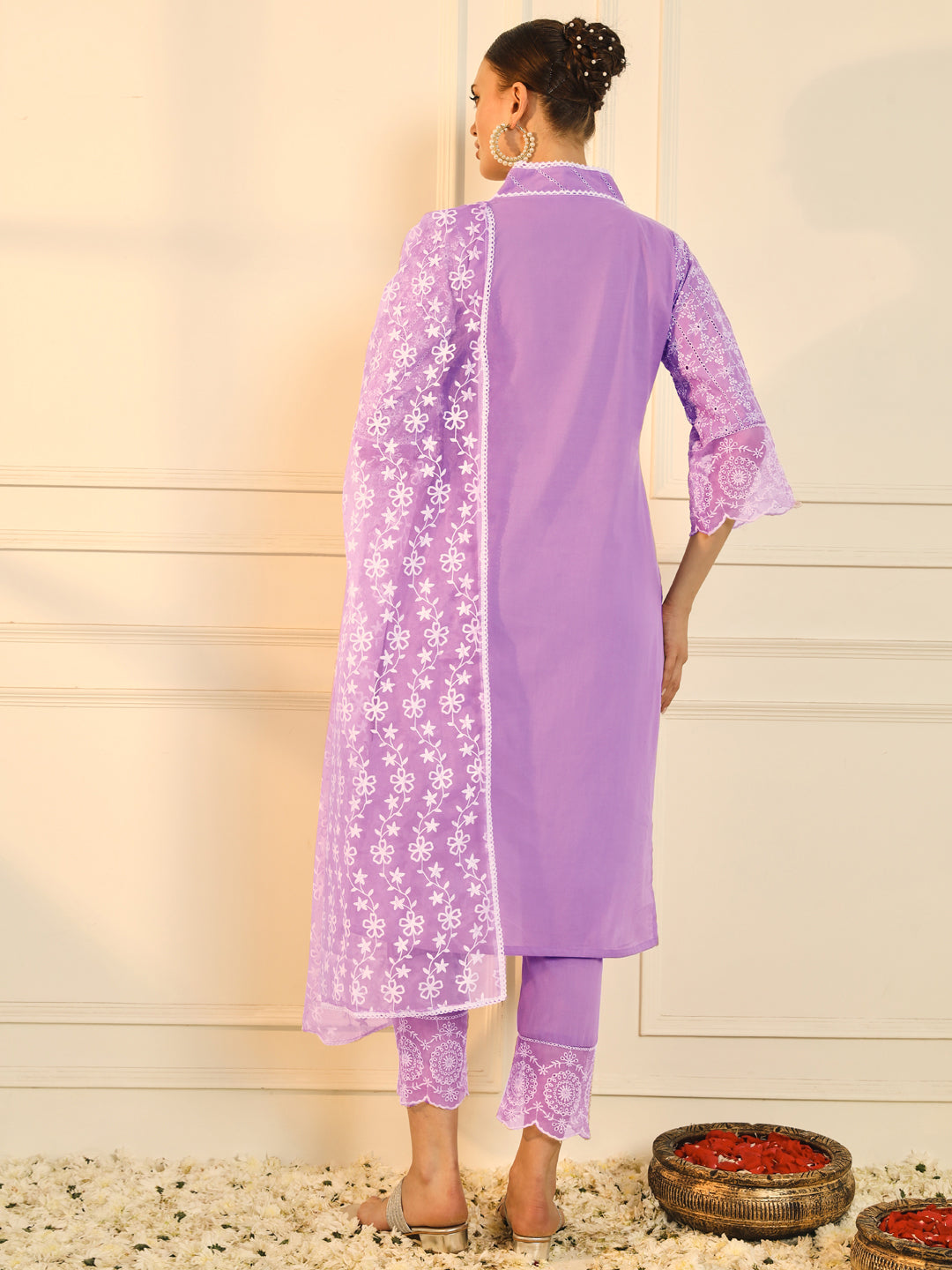 Lilac Schiffli Embroidered Pure Cotton Kurta Set with Organza Dupatta