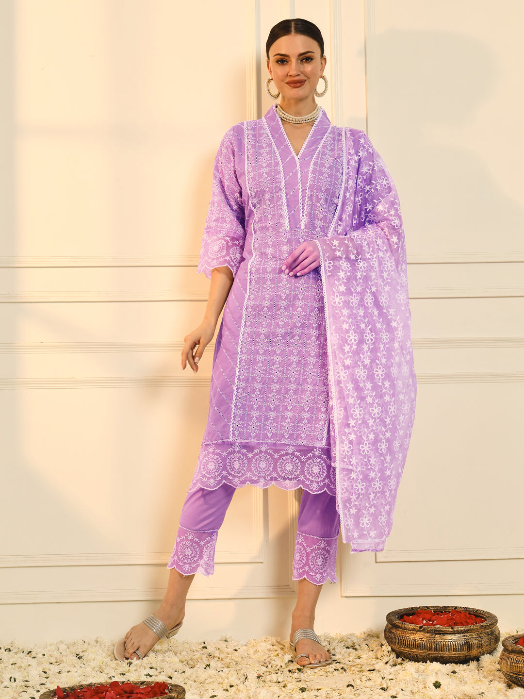 Lilac Schiffli Embroidered Pure Cotton Kurta Set with Organza Dupatta