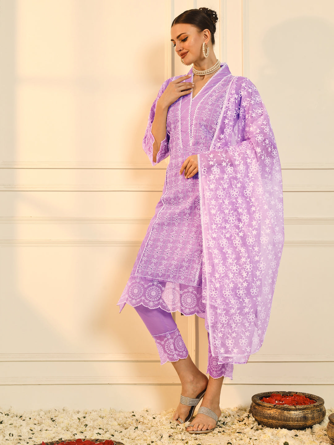 Lilac Schiffli Embroidered Pure Cotton Kurta Set with Organza Dupatta