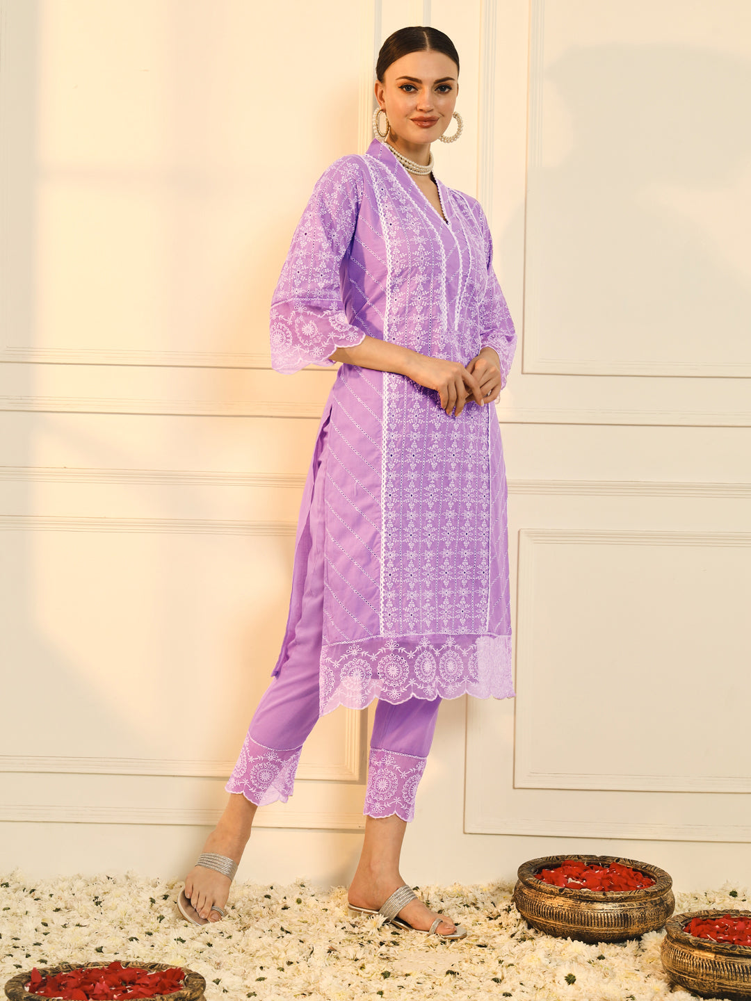 Lilac Schiffli Embroidered Pure Cotton Kurta Set with Organza Dupatta