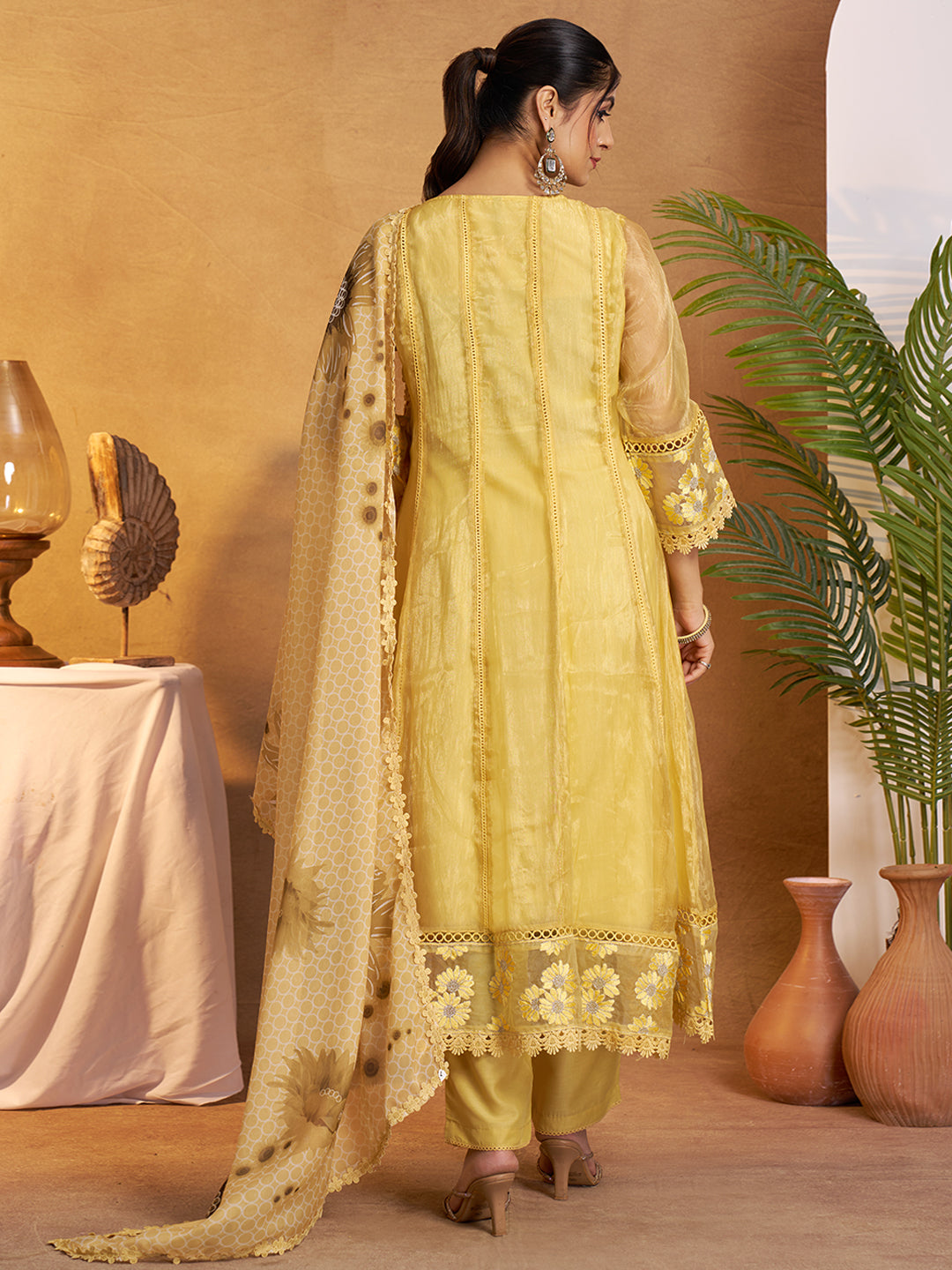 Yellow Organza Embroidered Anarkali Kurta Set with Floral Printed Dupatta