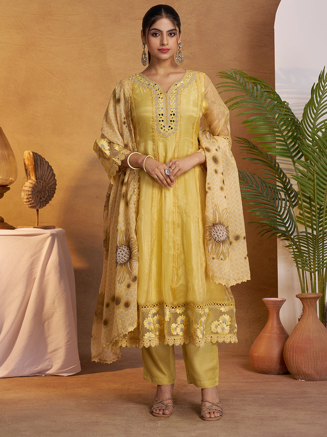 Yellow Organza Embroidered Anarkali Kurta Set with Floral Printed Dupatta