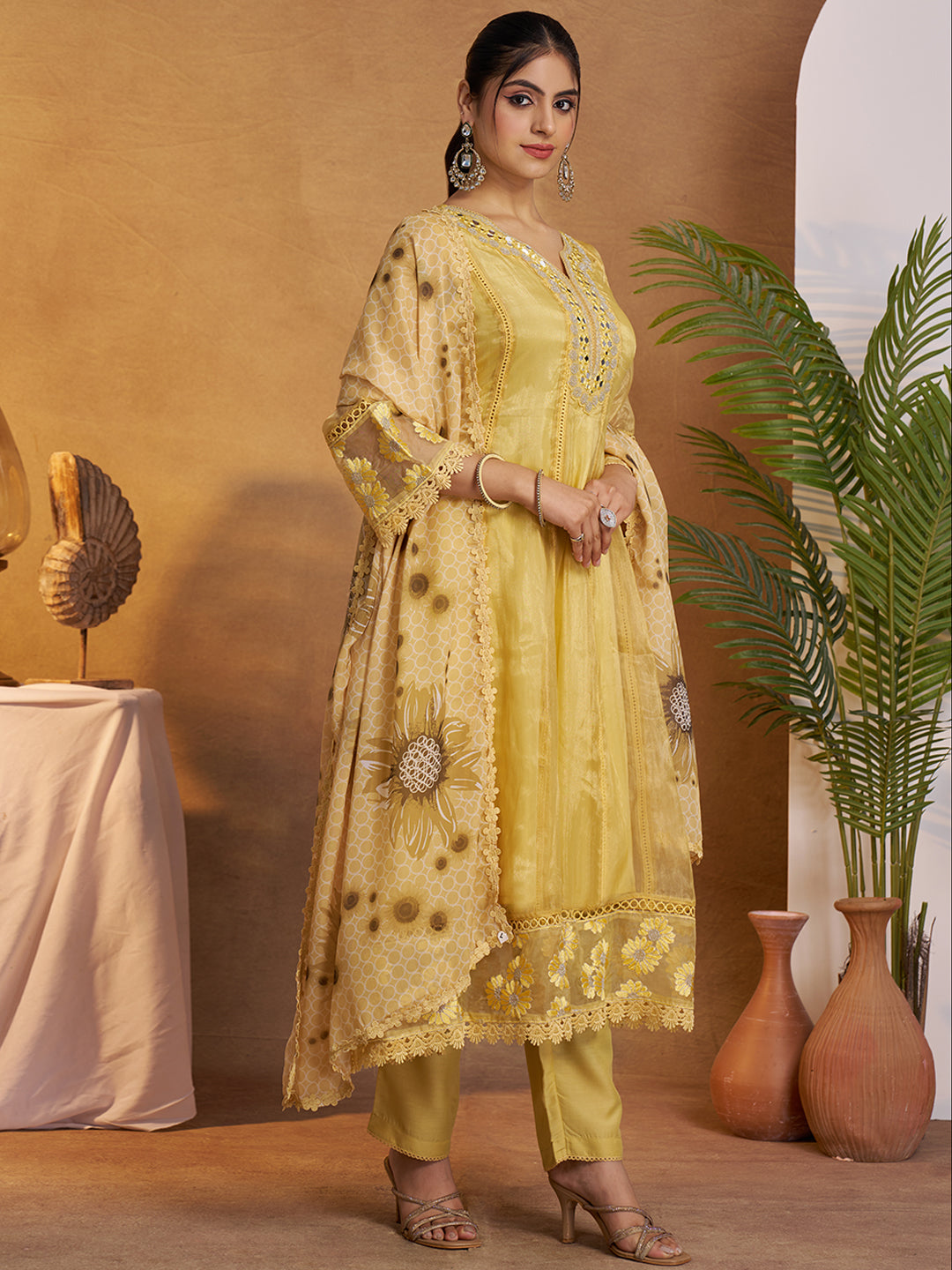 Yellow Organza Embroidered Anarkali Kurta Set with Floral Printed Dupatta
