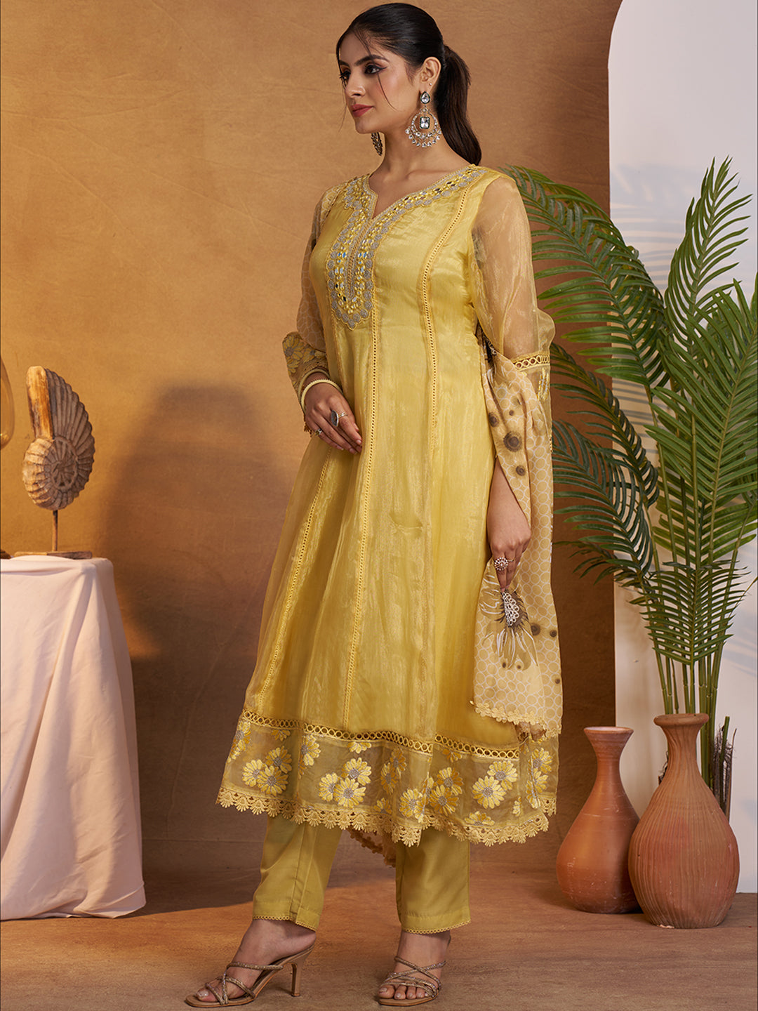 Yellow Organza Embroidered Anarkali Kurta Set with Floral Printed Dupatta