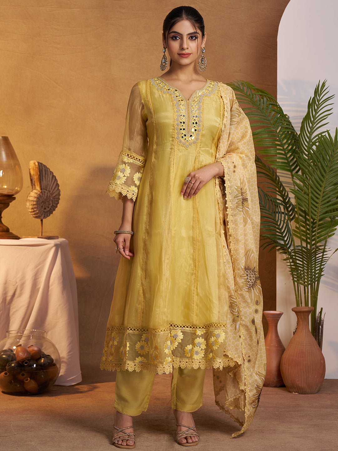 Yellow Organza Embroidered Anarkali Kurta Set with Floral Printed Dupatta