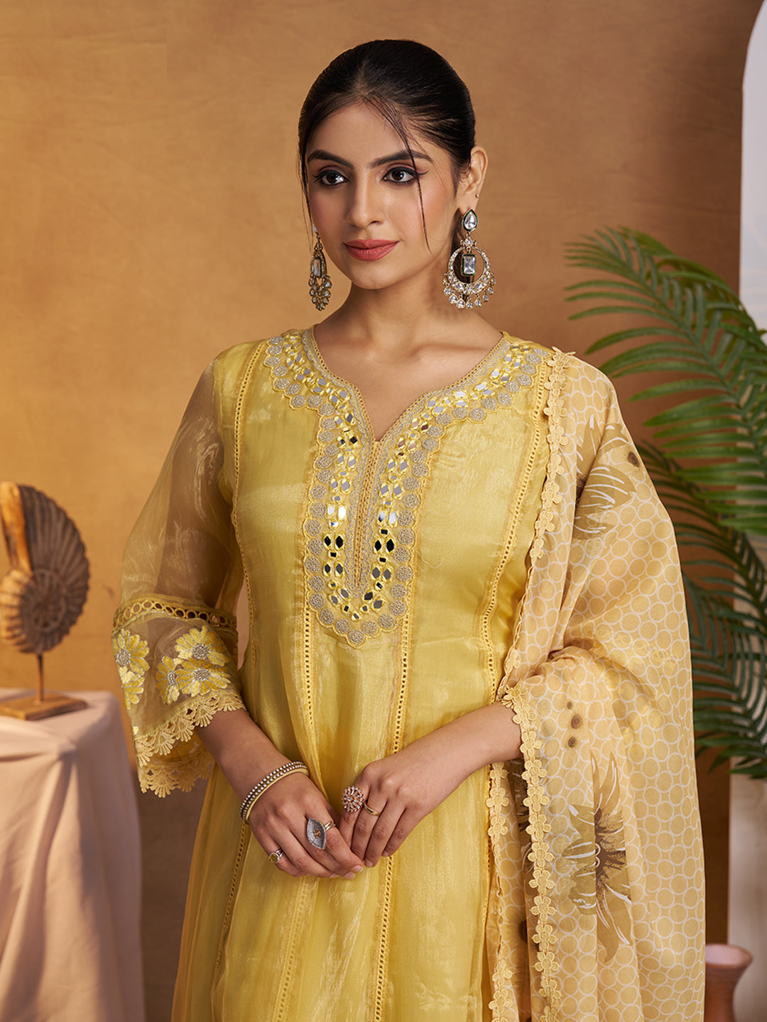 Yellow Organza Embroidered Anarkali Kurta Set with Floral Printed Dupatta