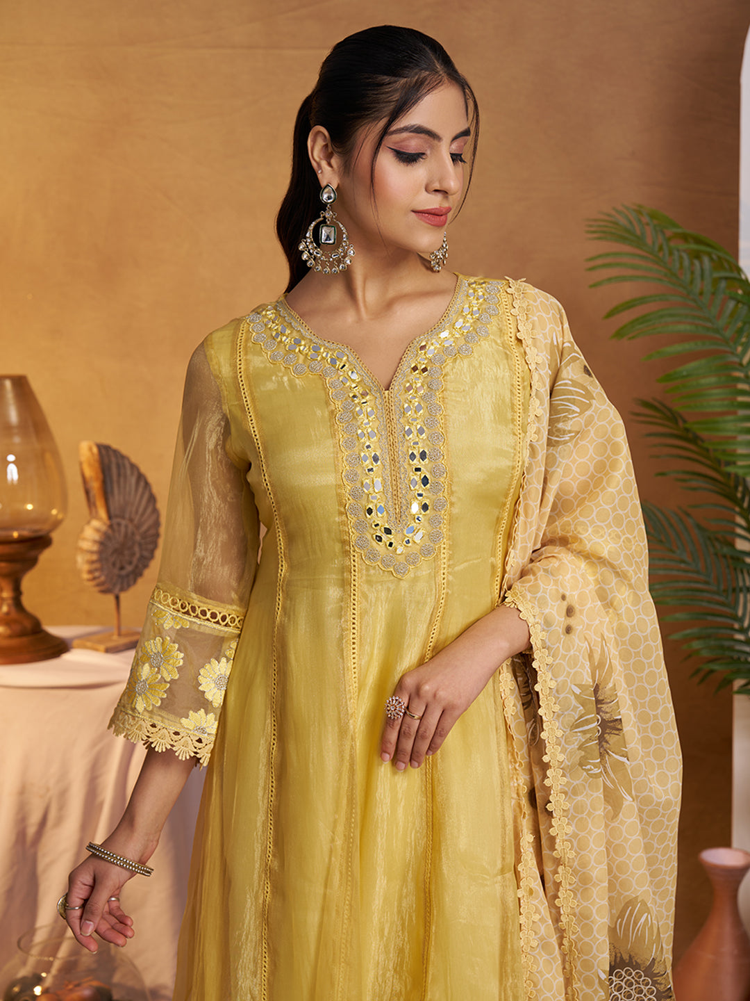 Yellow Organza Embroidered Anarkali Kurta Set with Floral Printed Dupatta