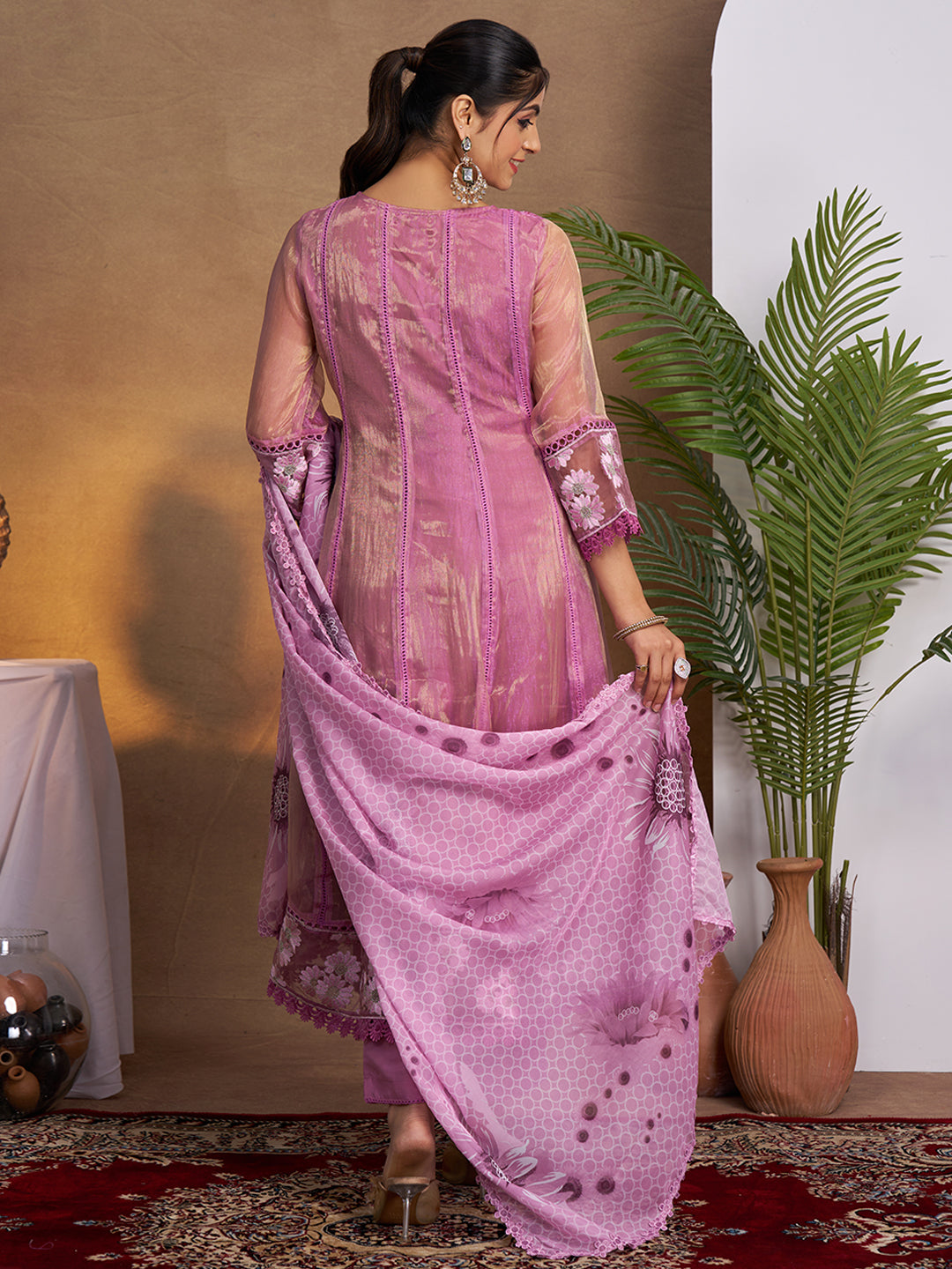 Purple Organza Embroidered Anarkali Kurta Set with Floral Printed Dupatta