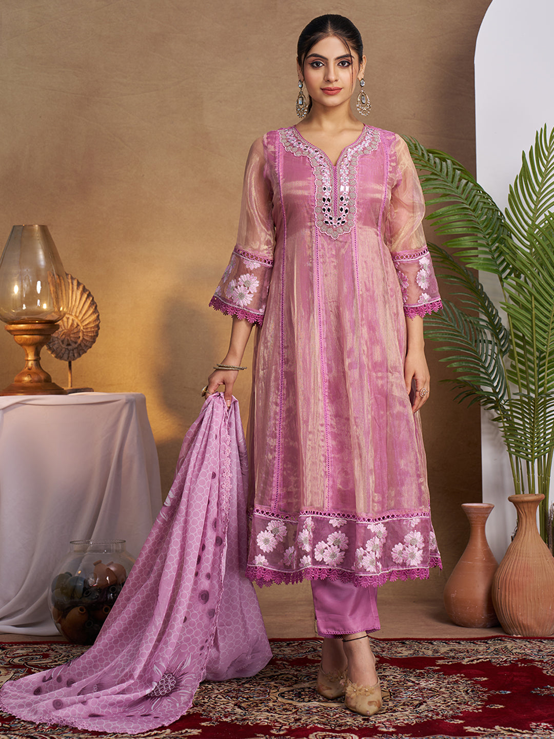 Purple Organza Embroidered Anarkali Kurta Set with Floral Printed Dupatta