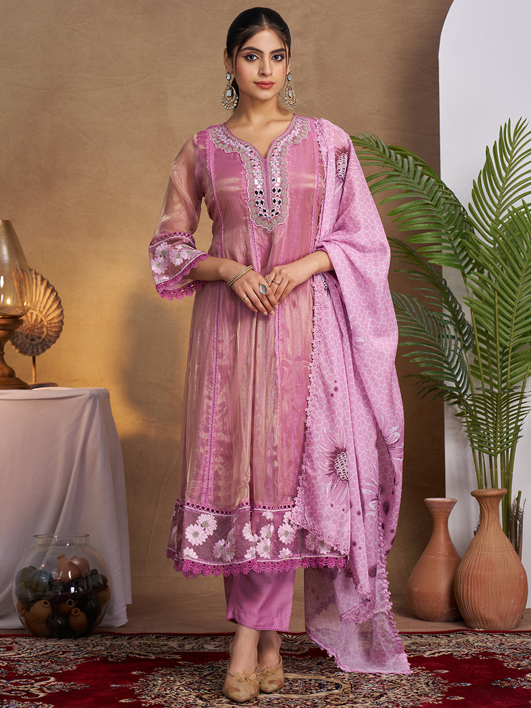 Purple Organza Embroidered Anarkali Kurta Set with Floral Printed Dupatta
