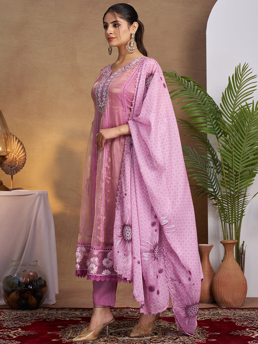 Purple Organza Embroidered Anarkali Kurta Set with Floral Printed Dupatta