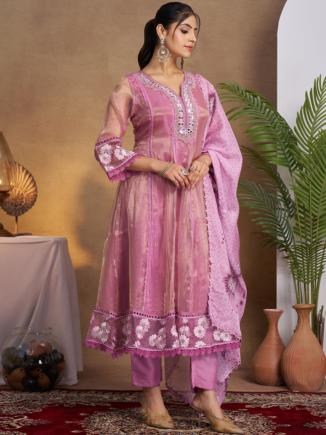 Purple Organza Embroidered Anarkali Kurta Set with Floral Printed Dupatta