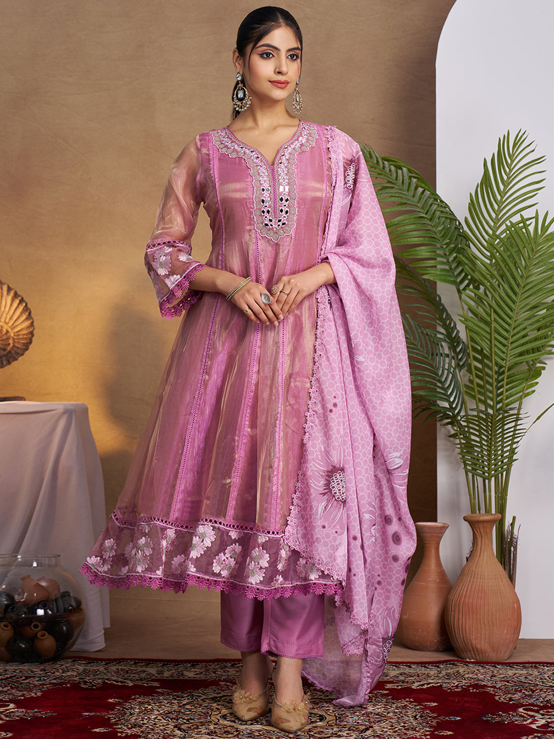 Purple Organza Embroidered Anarkali Kurta Set with Floral Printed Dupatta