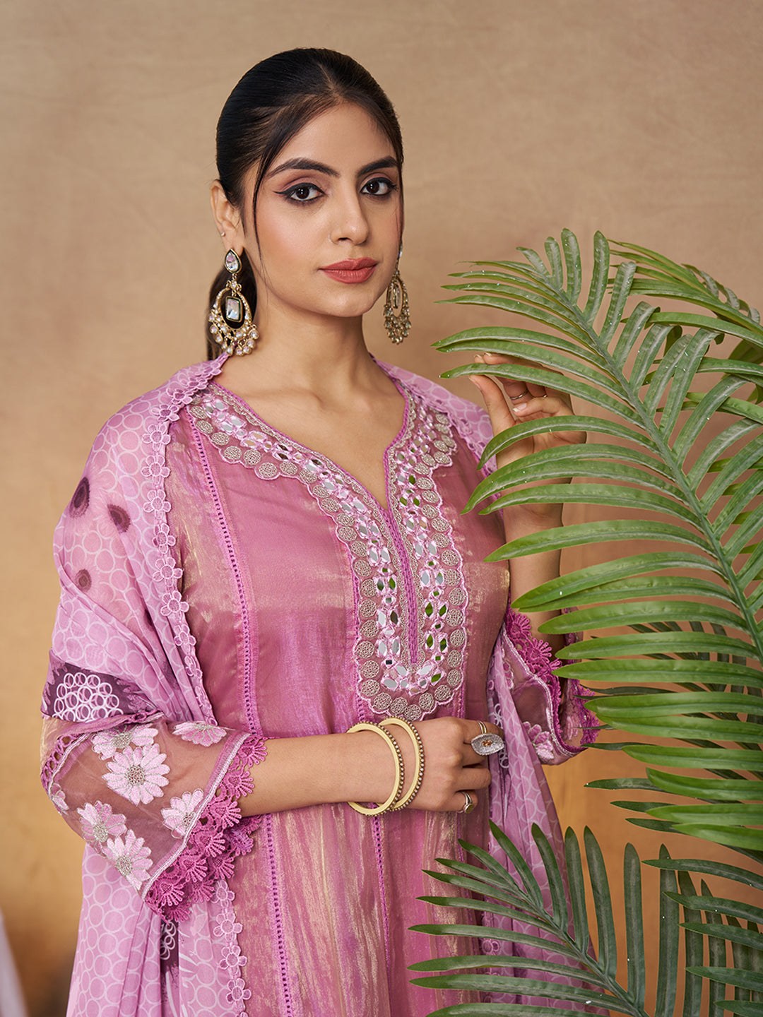 Purple Organza Embroidered Anarkali Kurta Set with Floral Printed Dupatta