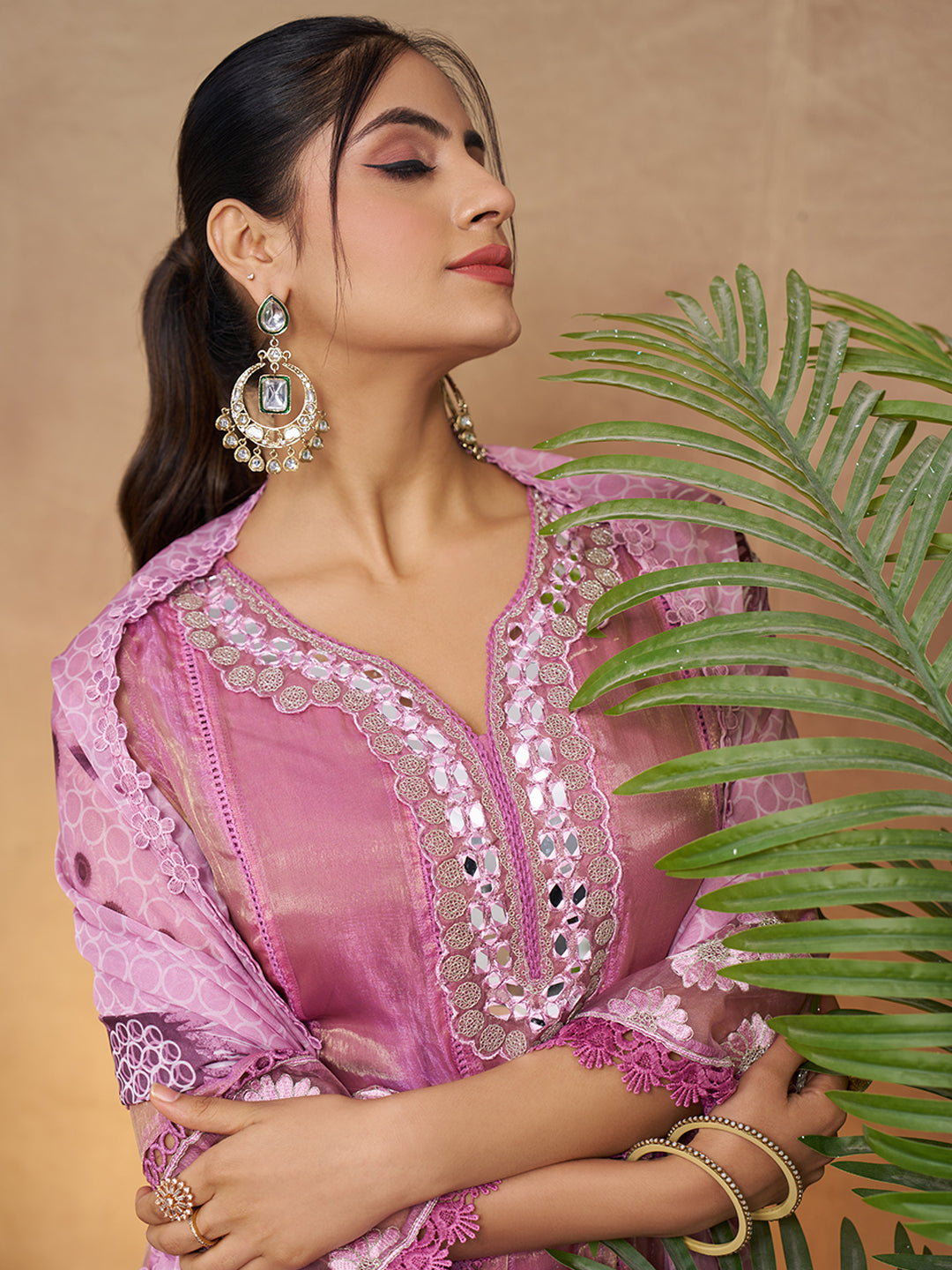 Purple Organza Embroidered Anarkali Kurta Set with Floral Printed Dupatta