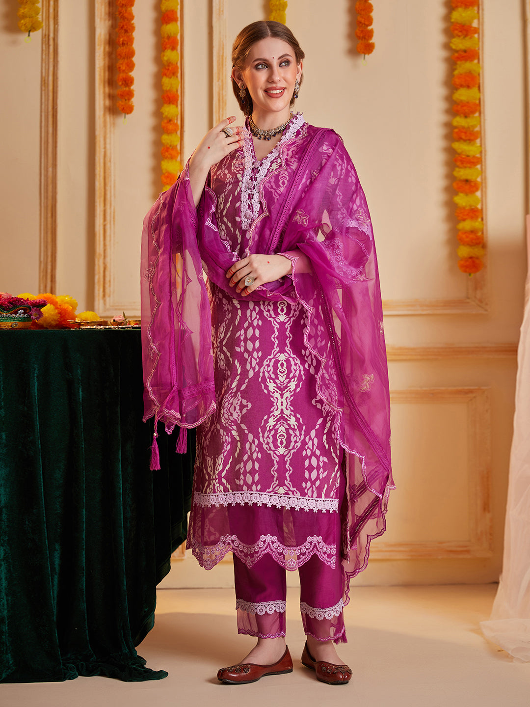 Purple Abstract Printed Kurta Set with Organza Dupatta