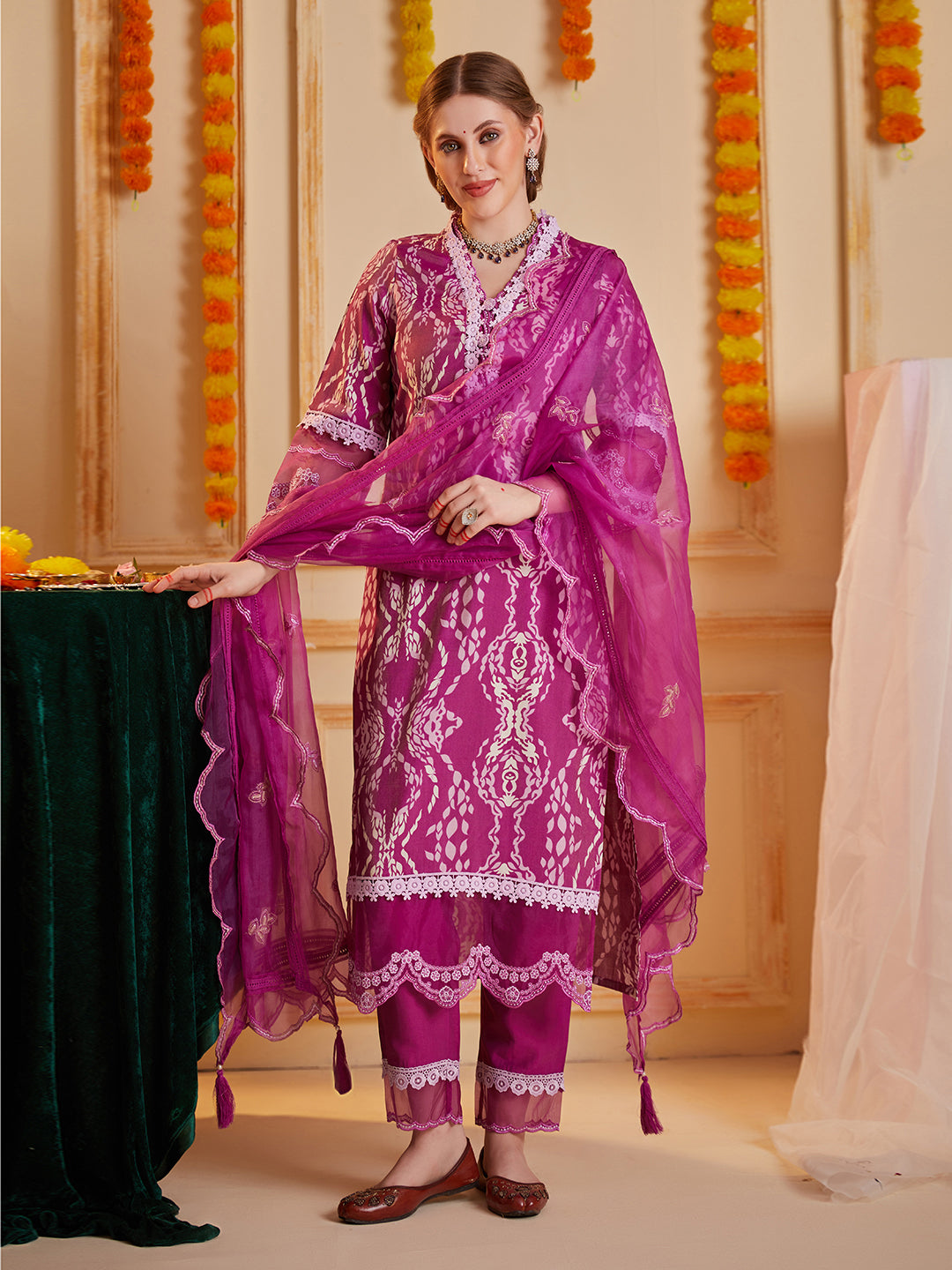Purple Abstract Printed Kurta Set with Organza Dupatta