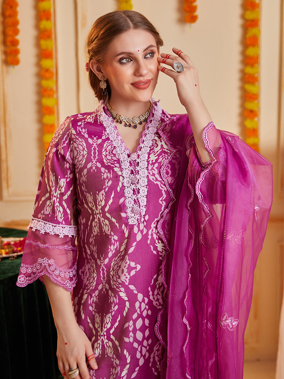 Purple Abstract Printed Kurta Set with Organza Dupatta