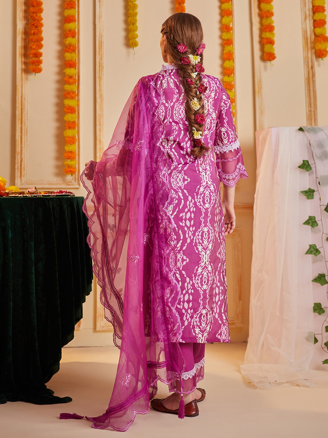Purple Abstract Printed Kurta Set with Organza Dupatta
