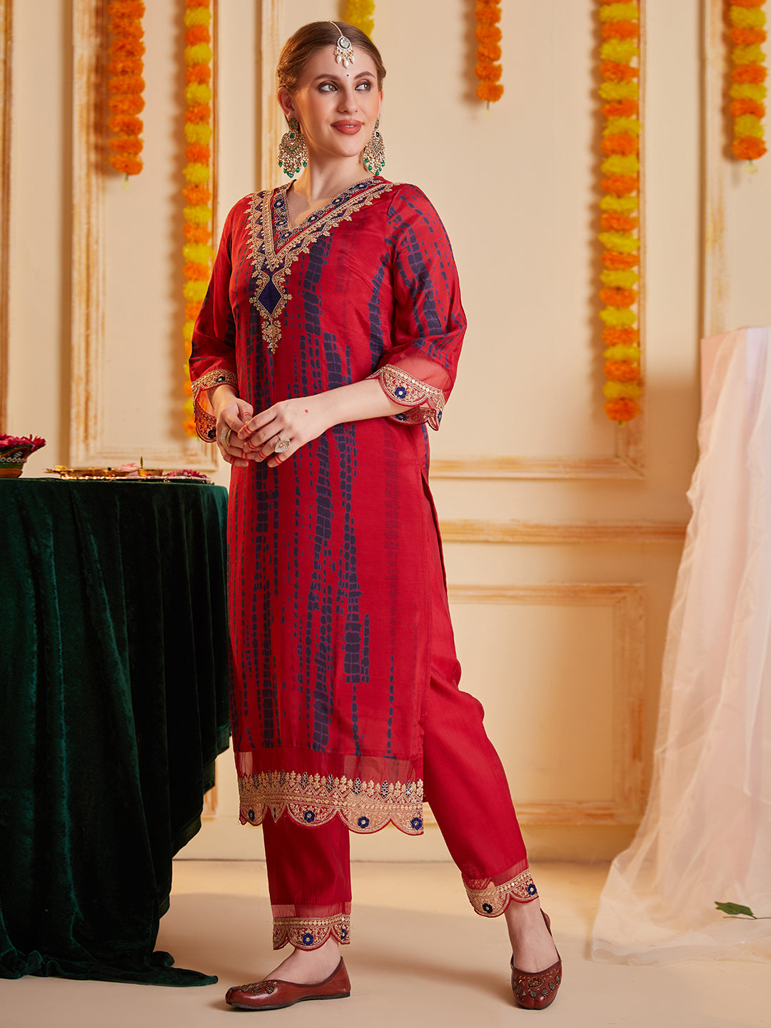 Red Multi Embroidered Neck and Printed Kurta Set with Dupatta