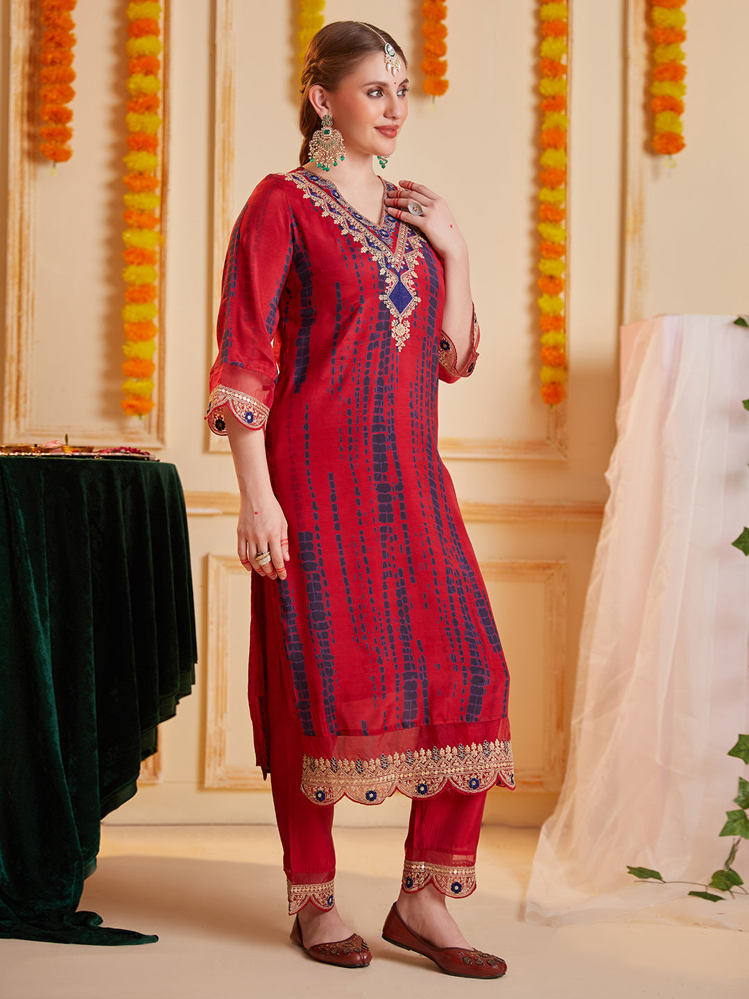 Red Multi Embroidered Neck and Printed Kurta Set with Dupatta