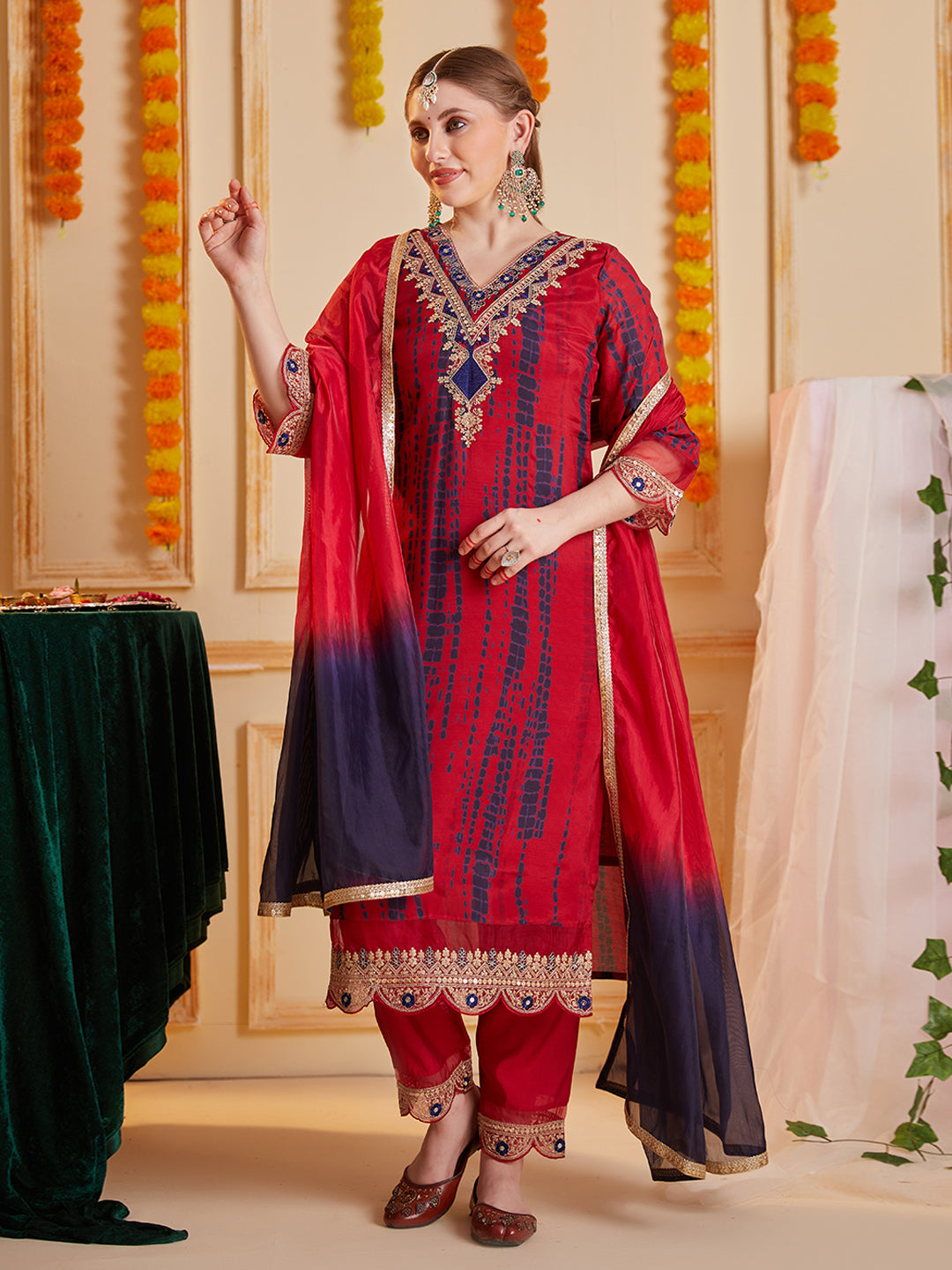 Red Multi Embroidered Neck and Printed Kurta Set with Dupatta