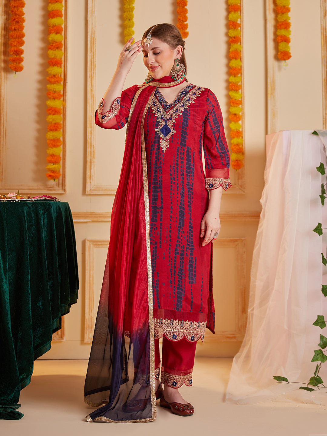 Red Multi Embroidered Neck and Printed Kurta Set with Dupatta