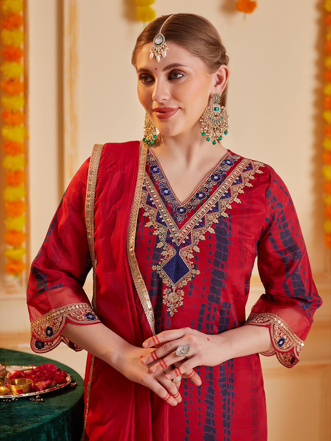 Red Multi Embroidered Neck and Printed Kurta Set with Dupatta