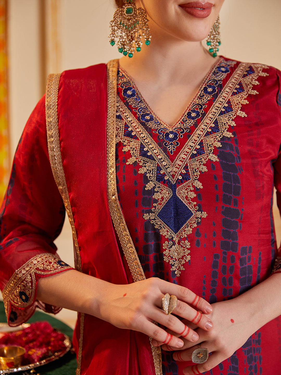 Red Multi Embroidered Neck and Printed Kurta Set with Dupatta