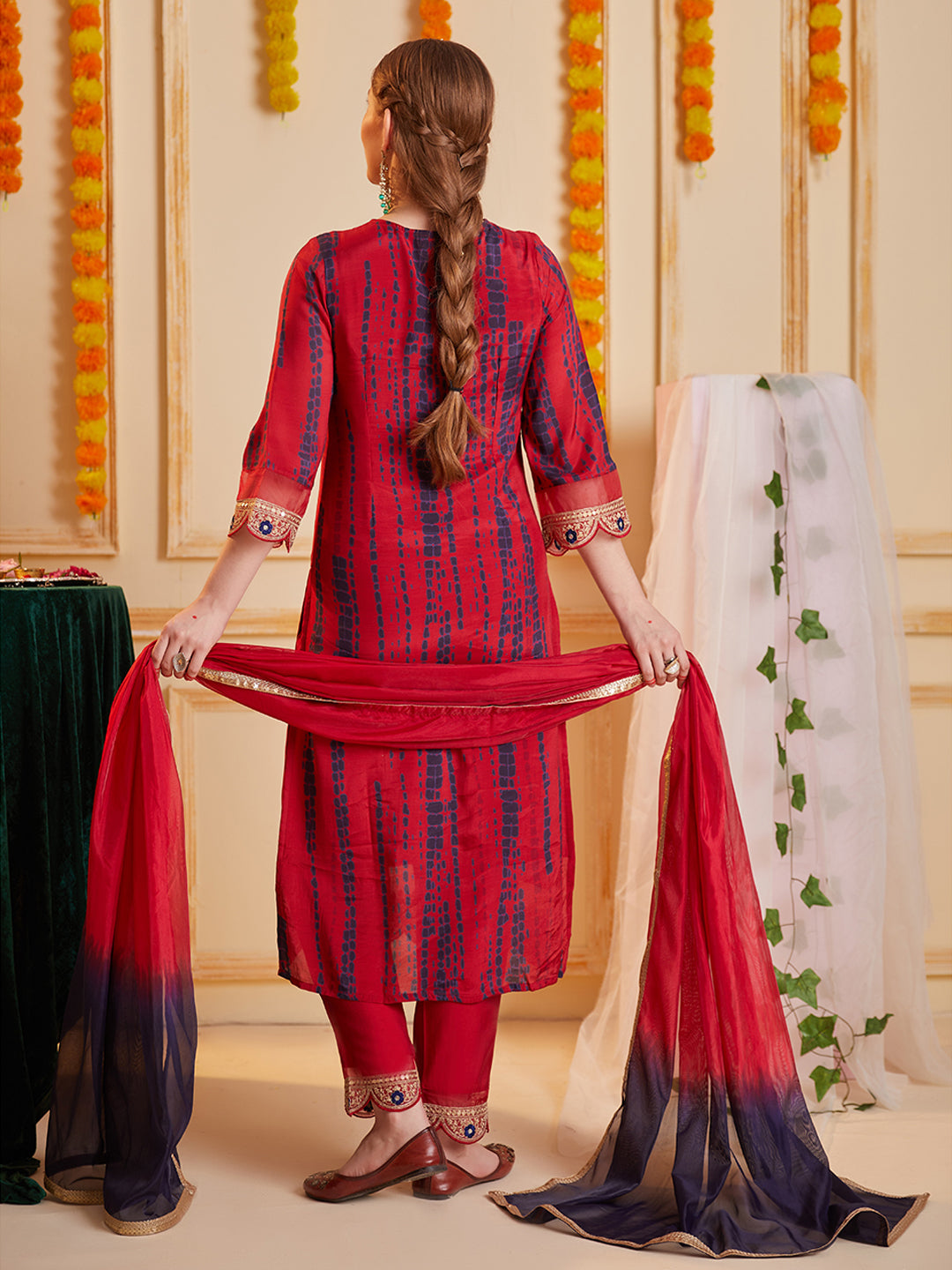 Red Multi Embroidered Neck and Printed Kurta Set with Dupatta