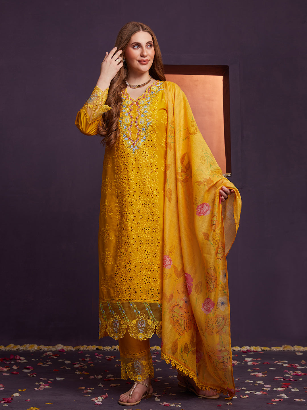 Yellow Schiffli and Multi Embroidered Kurta Set with Floral Printed Dupatta