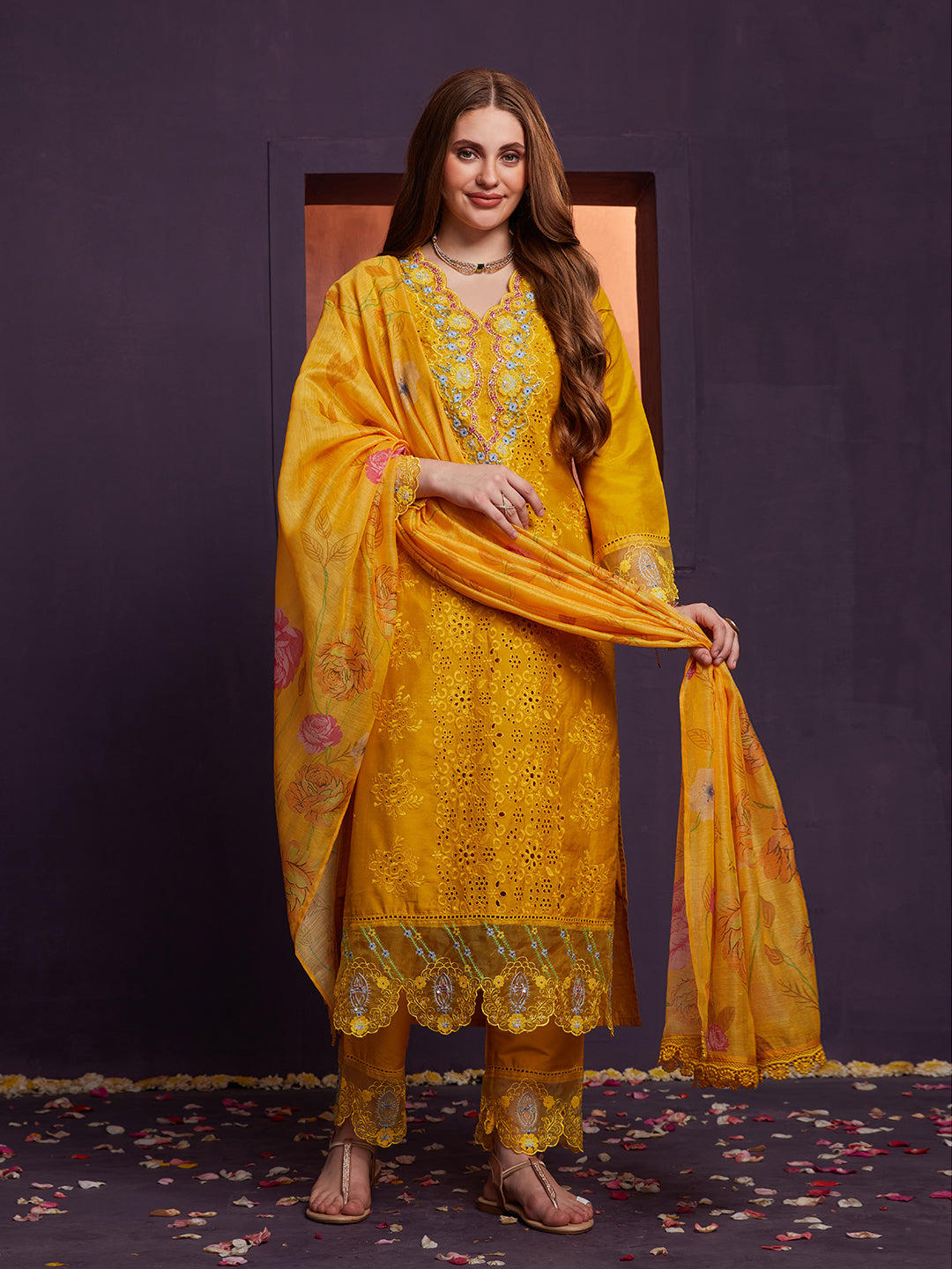 Yellow Schiffli and Multi Embroidered Kurta Set with Floral Printed Dupatta