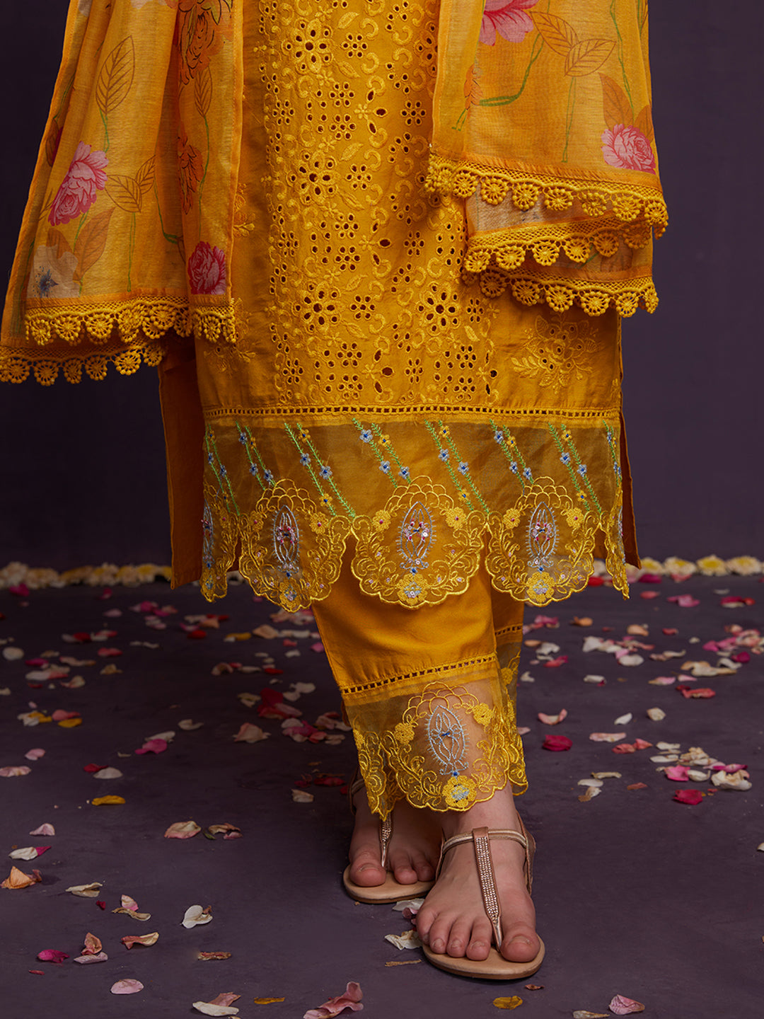 Yellow Schiffli and Multi Embroidered Kurta Set with Floral Printed Dupatta