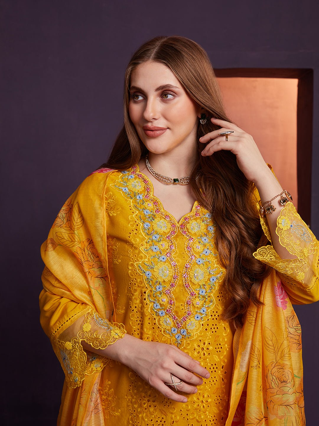 Yellow Schiffli and Multi Embroidered Kurta Set with Floral Printed Dupatta
