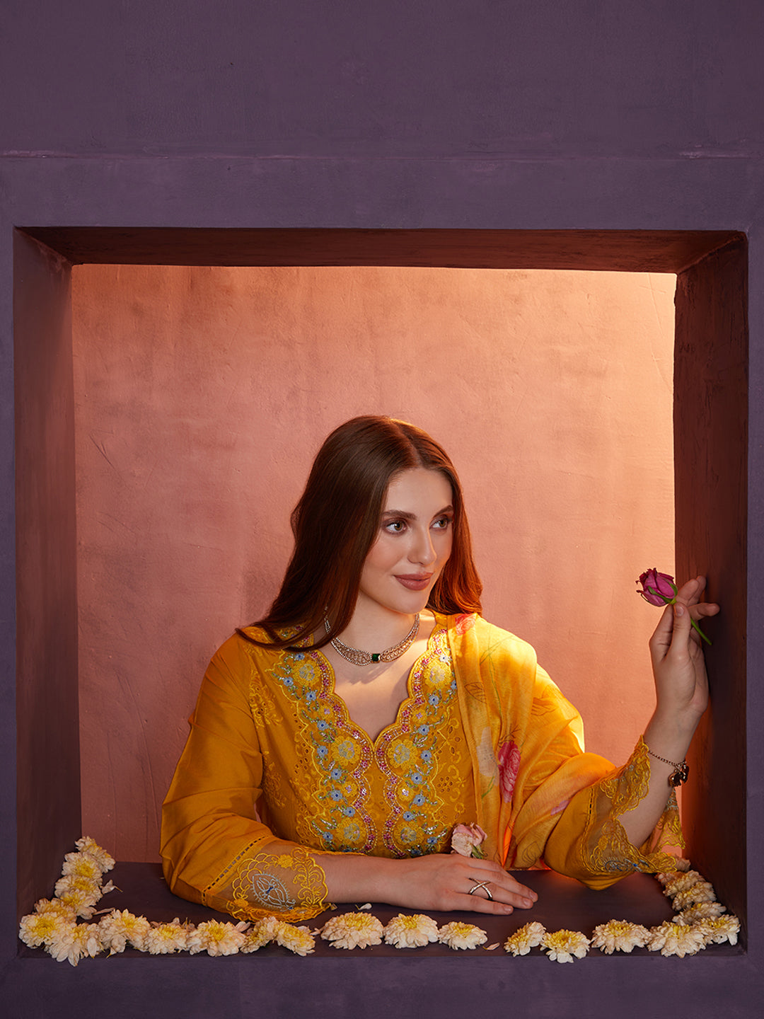 Yellow Schiffli and Multi Embroidered Kurta Set with Floral Printed Dupatta